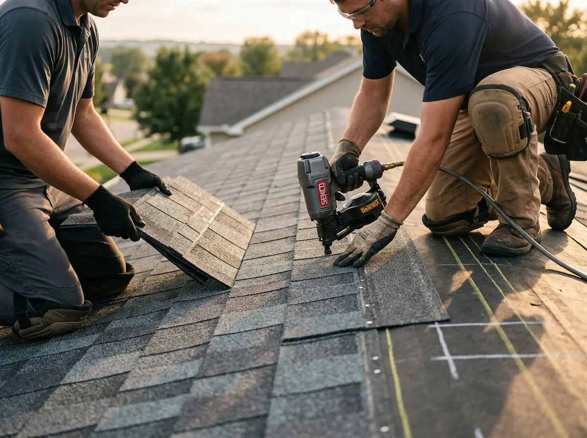 Professional roofer working on a residential roof in Somerville